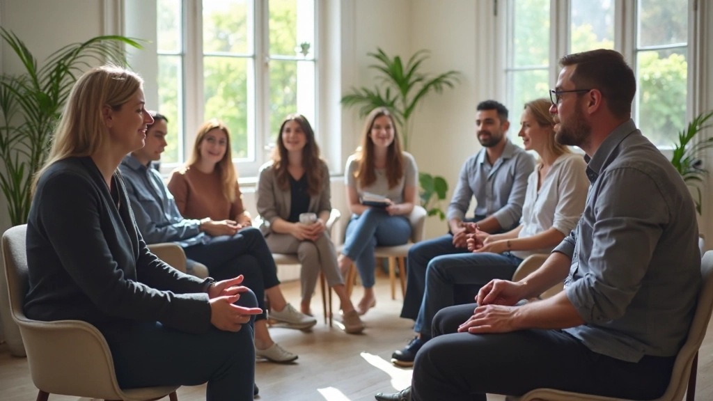 Sesión de grupo con facilitador en ambiente colaborativo