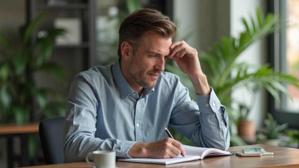 Hombre escribiendo en un cuaderno reflexivo en un escritorio limpio con plantas, concentración pensativa