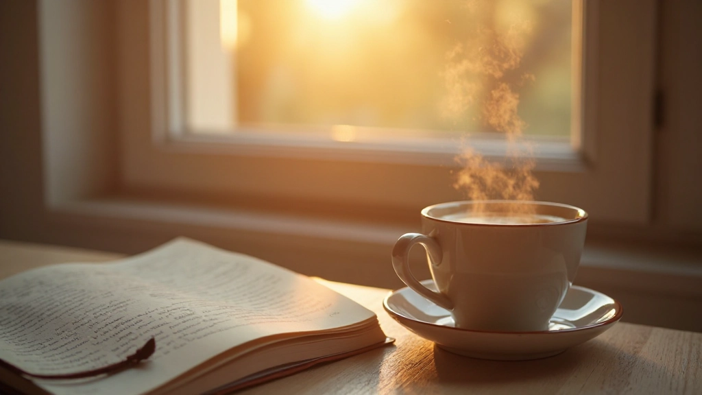 Rutina matinal con elementos de bienestar, café en taza de cerámica, cuaderno abierto, luz dorada de mañana entrando por ventana