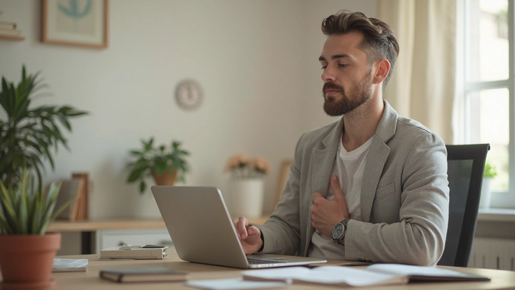 Persona practicando ejercicio de respiración profunda en ambiente luminoso y tranquilo, manos sobre el pecho