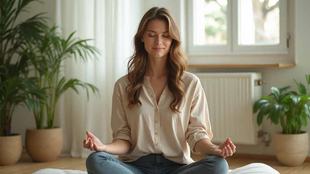 Persona practicando técnicas de respiración en posición sentada cómoda, luz suave, expresión tranquila, ambiente sereno de interior