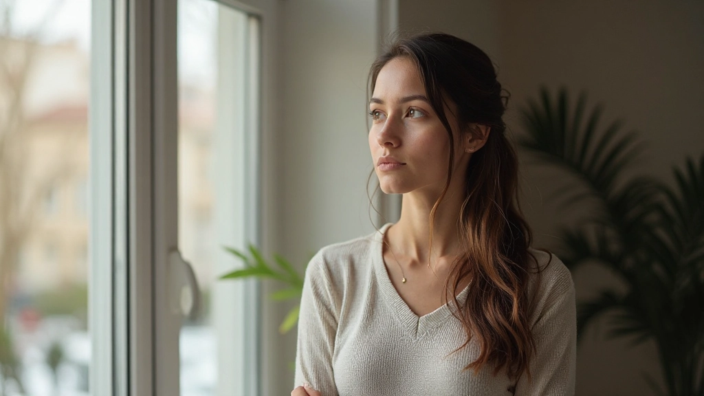 Persona adulta en momento de autorreflexión mirando por ventana, expresión contemplativa y esperanzadora