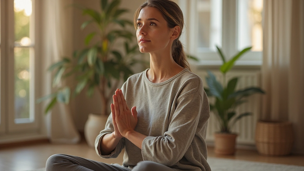 Persona en meditación tranquila, luz natural cálida, expresión de paz interior, ambiente sereno
