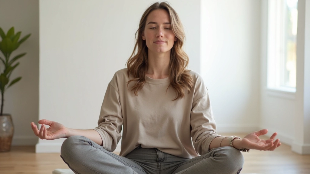 Persona meditando en ambiente tranquilo con luz natural, expresión serena y reflexiva