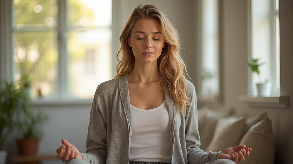 Mujer joven meditando en un espacio tranquilo con luz natural, expresión serena y relajada