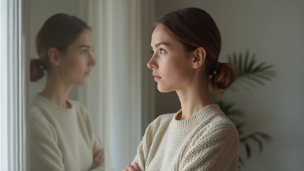 Persona refleja en espejo con expresión contemplativa, luz suave, rostro pensativo, conexión interna