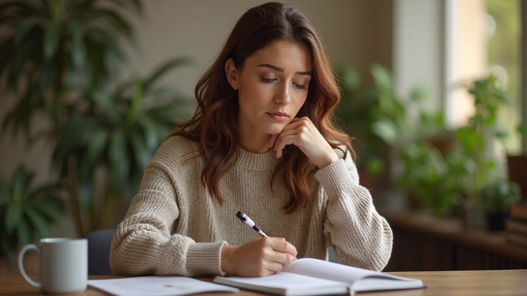 Mujer escribiendo reflexivamente en un cuaderno en un escritorio tranquilo con plantas naturales